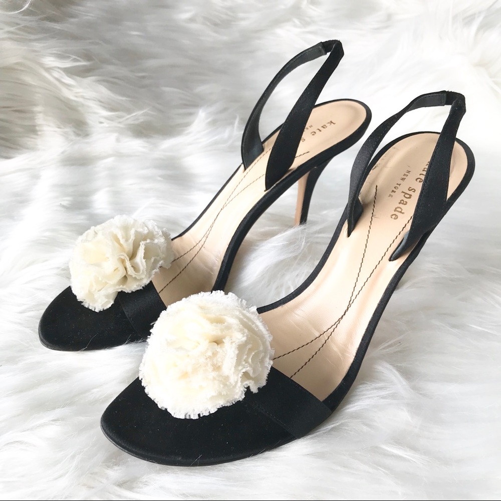 Kate Spade Satin Slingback Heels with Ivory Flower
